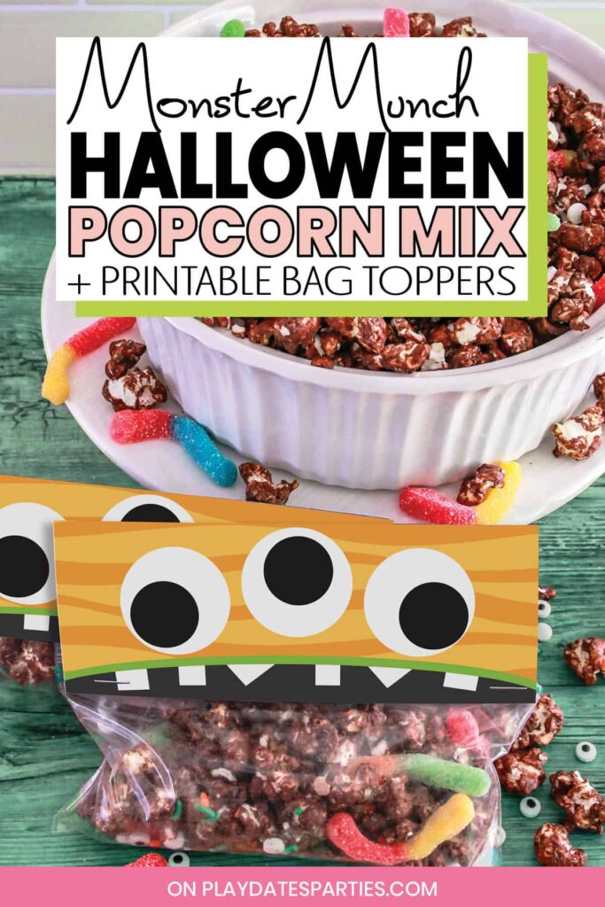 plastic bags filled with popcorn mix and topped with a monster bag topper, sitting next to a bowl of Halloween popcorn mix