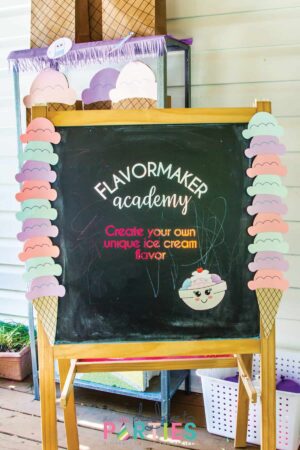 chalkboard sign decorated for an ice cream party