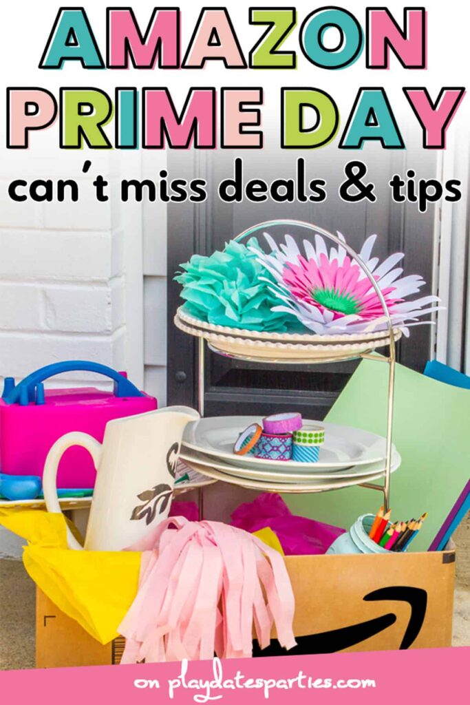 Amazon prime box on a front porch with party supplies inside and the text Amazon Prime Day can't miss deals & tips