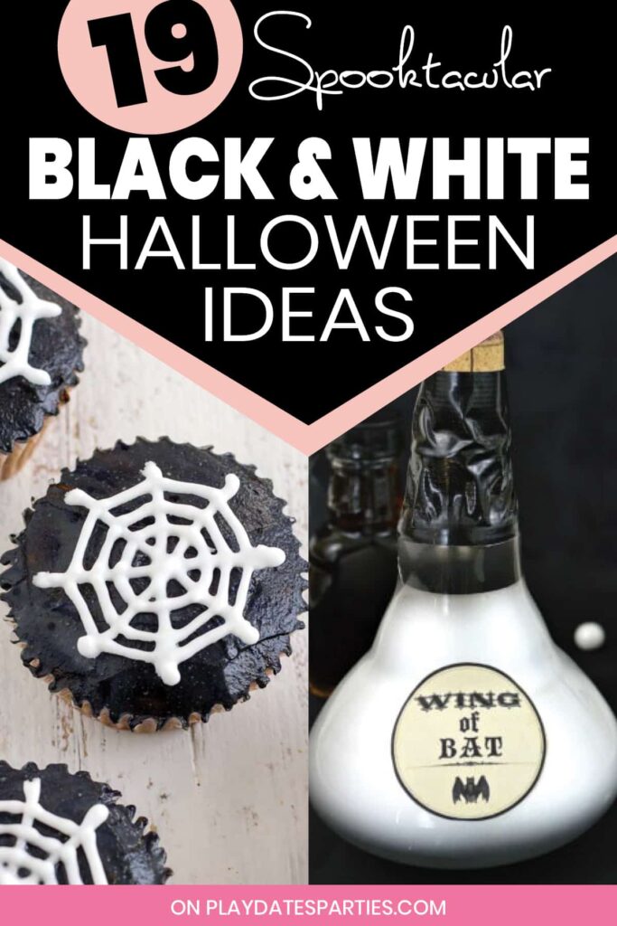 black and white halloween cupcakes and potion bottles with the text 19 spooktacular black and white halloween ideas