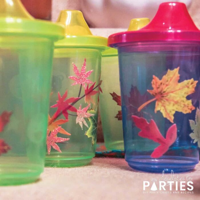 glitter leaf stickers on sippy cups for toddlers