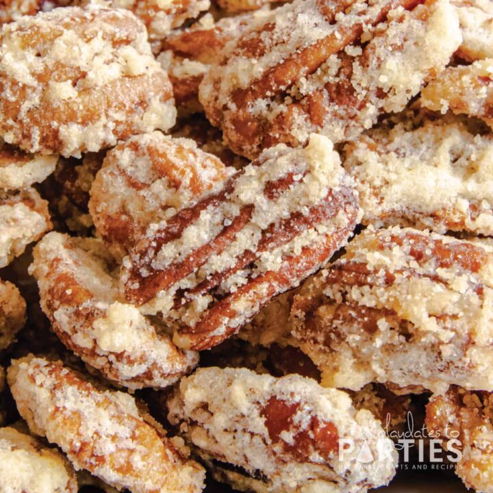 close up of a pile of candied pecans