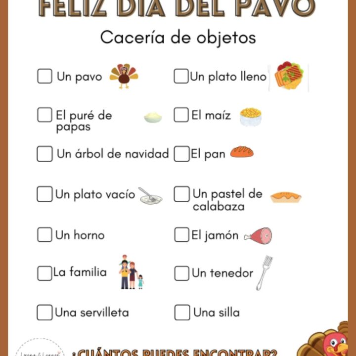 Image for Free Thanksgiving Scavenger Hunt in Spanish and English for Kids