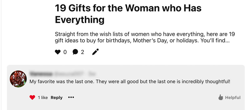 Reader review of gifts for women post.