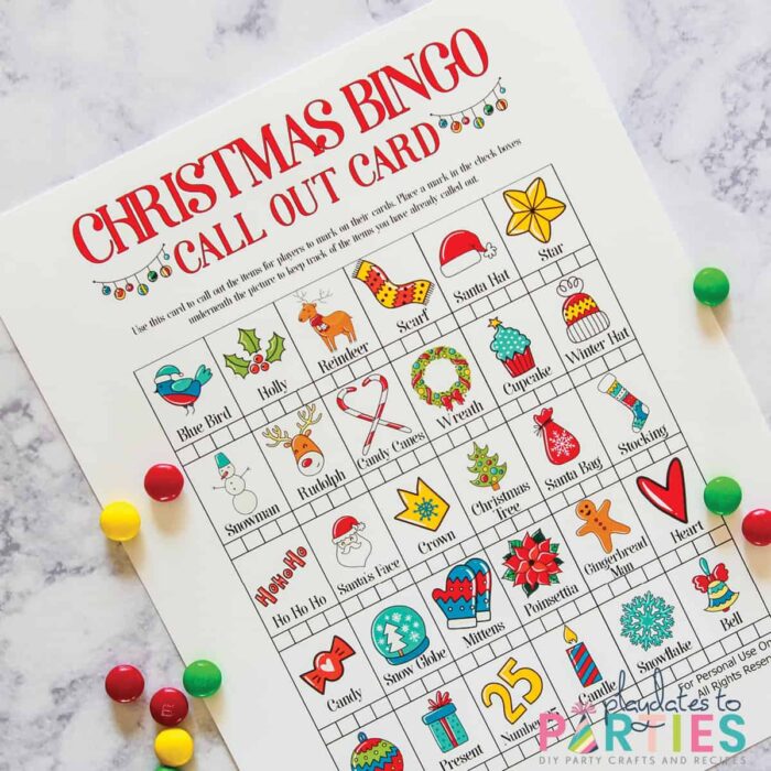 Call out card for Christmas Bingo with  spots to mark off when each item is used.