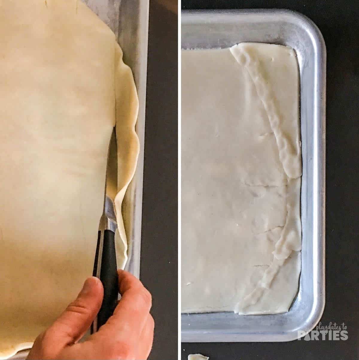 Trimming pie crust to fit a sheet pan.