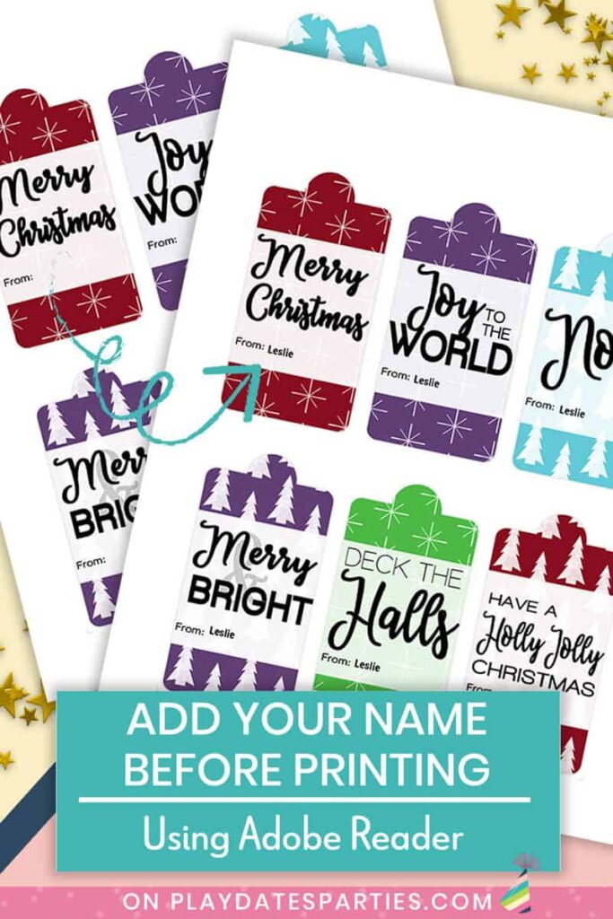 sample of two pages of printable gift tags showing what it looks like with names printed on the tags