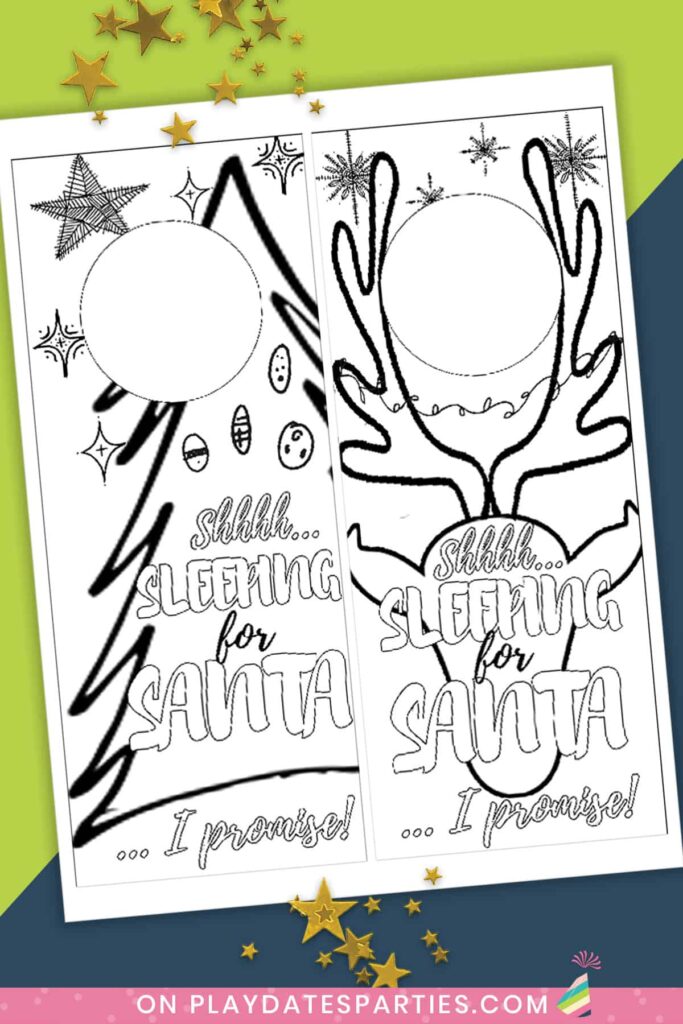 image of a page with two coloring page door knob hangers for Christmas one with a tree and one with a reindeer