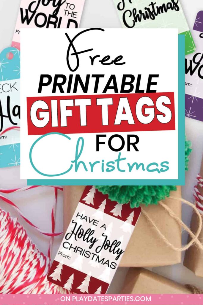 colorful gift tags on a white table with red twine and a brown wrapped present with text free printable gift tags for Christmas