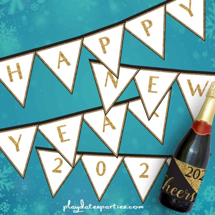 Happy New Year banner with gold glitter letters against a blue background