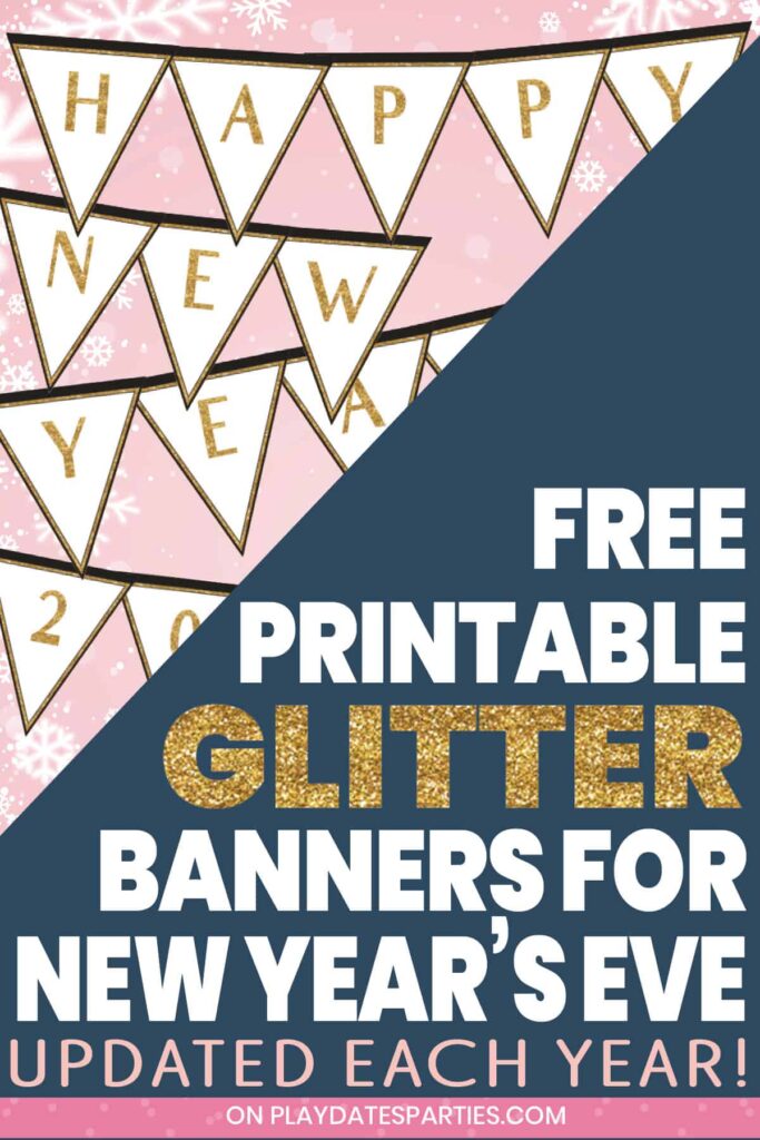 partially covered sample of gold glitter banner letters that say happy new year with text free printable glitter banners for New Years Eve