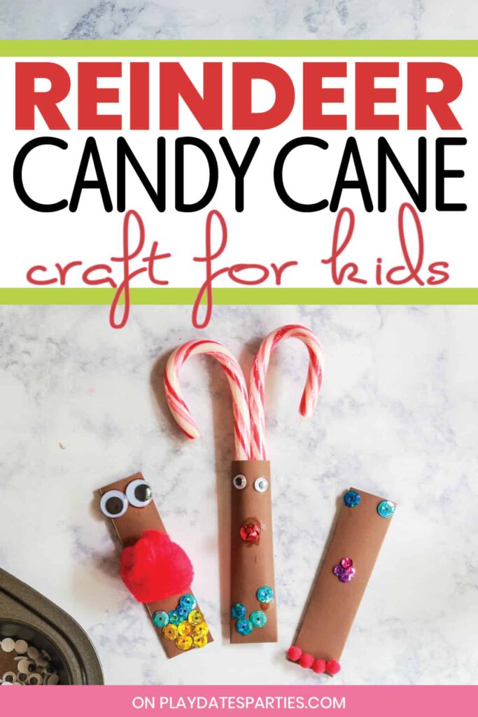 3 homemade candy cane pockets decorated by kids to look like reindeer on a marble counter