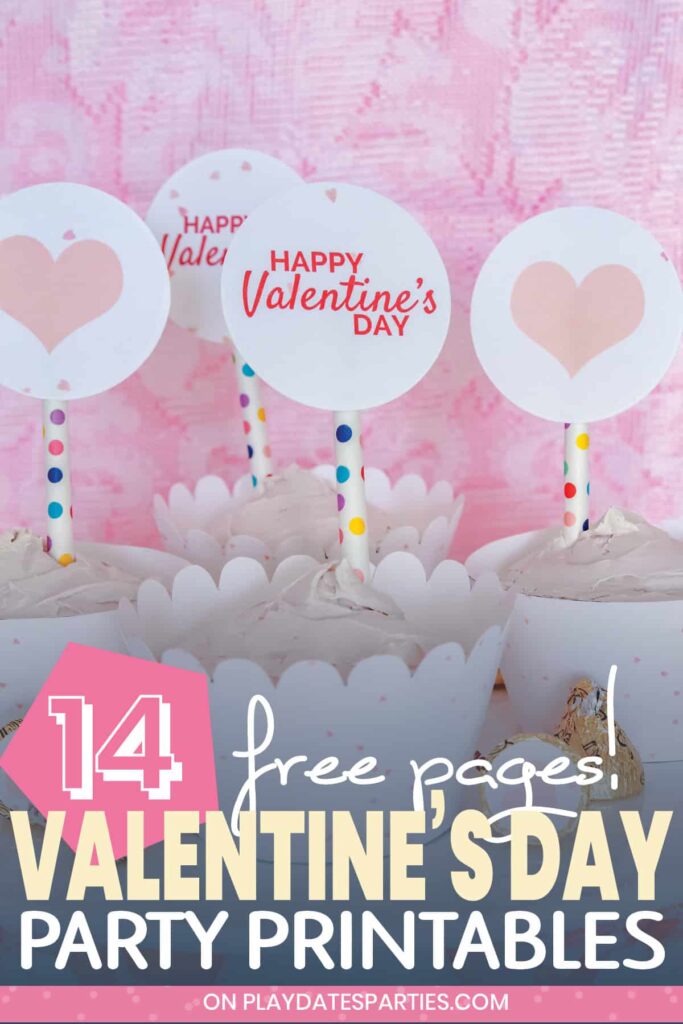 cupcakes in front of a pink lace backdrop with printable party circles that have hearts and say happy Valentine's Day