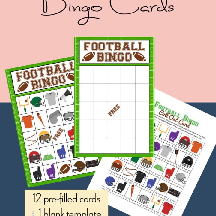 mock up of football bingo cards, including pre-filled, blank and call out cards