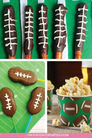 collage of football themed desserts and snacks