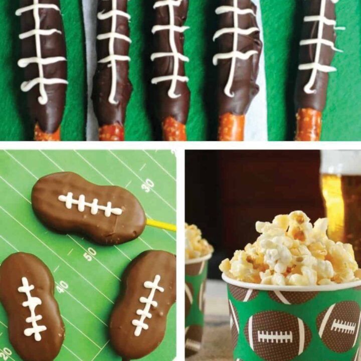 collage of football themed desserts and snacks