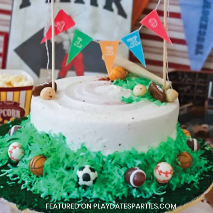 close up of a birthday cake with white frosting, green coconut to look like grass and miniature footballs, baseballs, and soccer balls