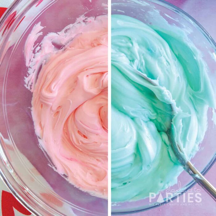 Side by side of two colors of frosting, the left side is light pink, the right side is light blue