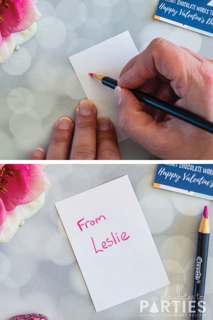 collage of 2 photos showing a handwritten message on the back of the card