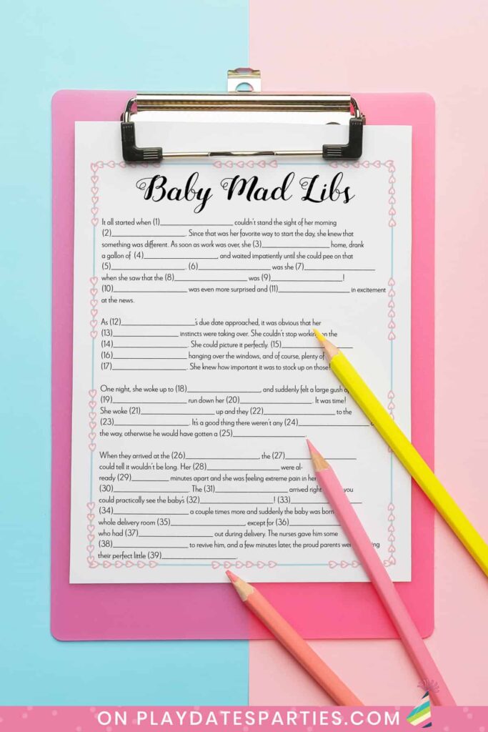 baby mad libs on a clipboard with a blue and pink background