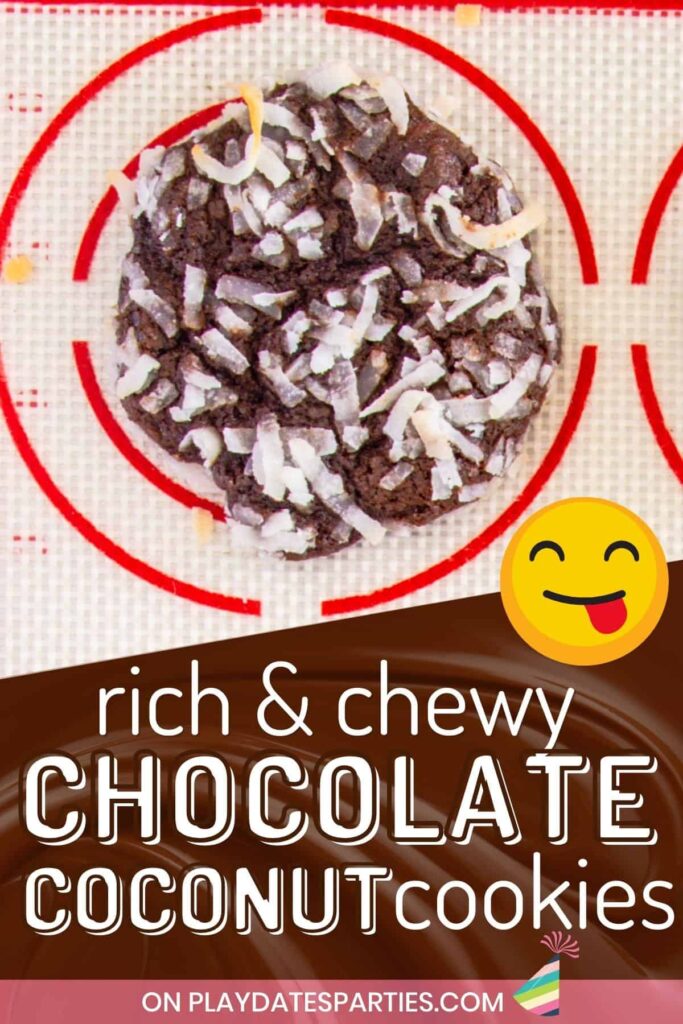 close up of a cookie on a baking mat with text overlay rich and chewy chocolate coconut cookies