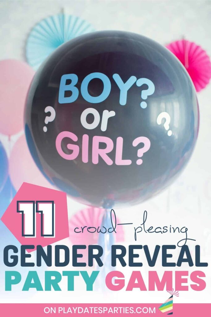 black balloon with boy or girl on it with overlay 11 crowd-pleasing gender reveal party games