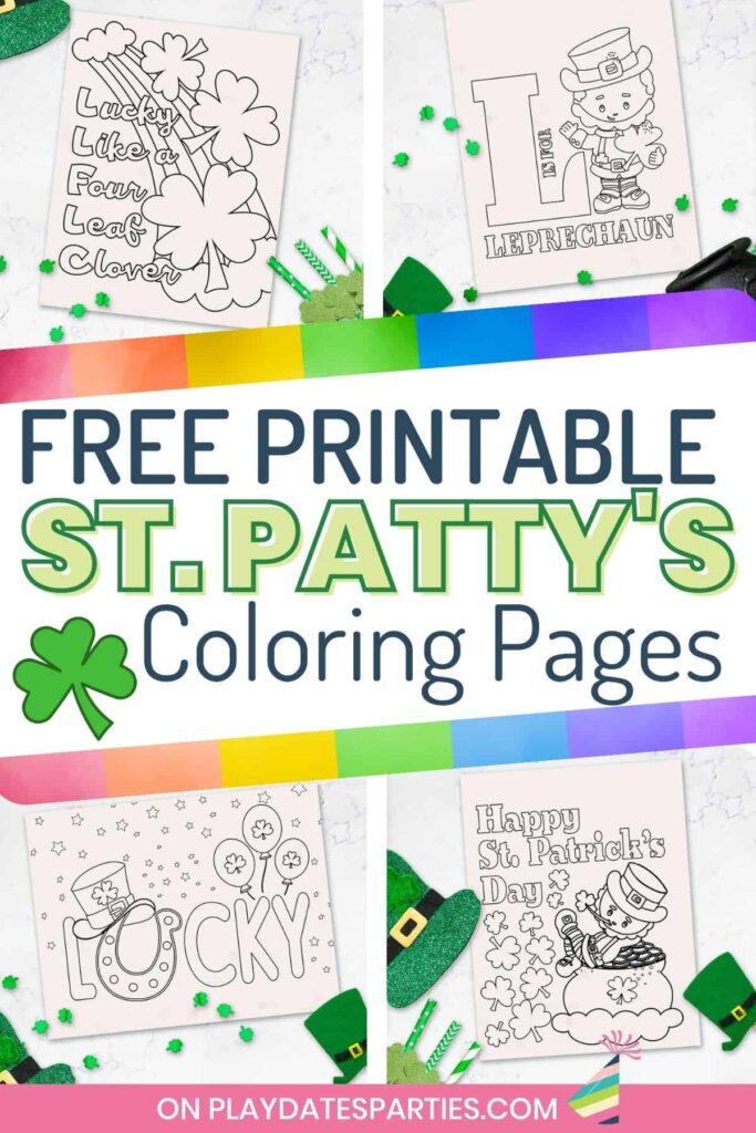 collage of four coloring pages with text overlay free printable St. Patty's Coloring Pages