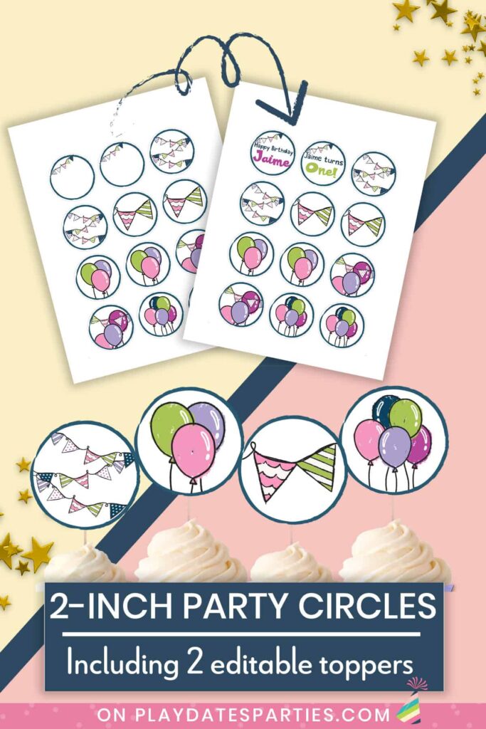mockup of the page of party circles with editable text and showing them used as cupcake toppers