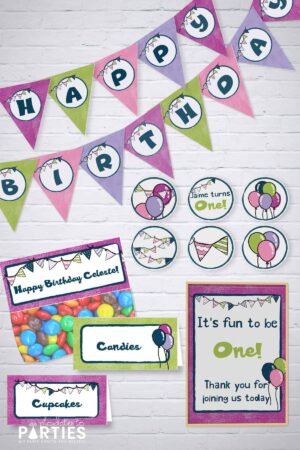 mockup of birthday party printables in dark purple, pink, green, and light purple with a balloons and buntings motif