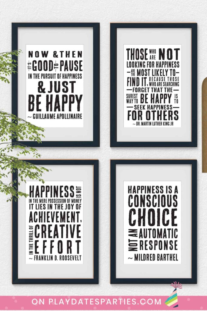 image of four black and white art prints of happiness quotes