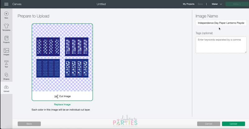 screenshot of Cricut Design Space upload screen with an image of four patriotic luminaries