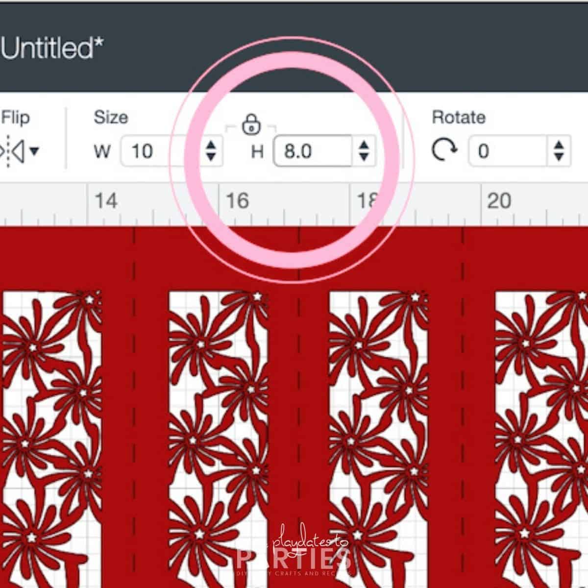 close up of Cricut Design Space sizing showing the lock closed and the height at 8 inches