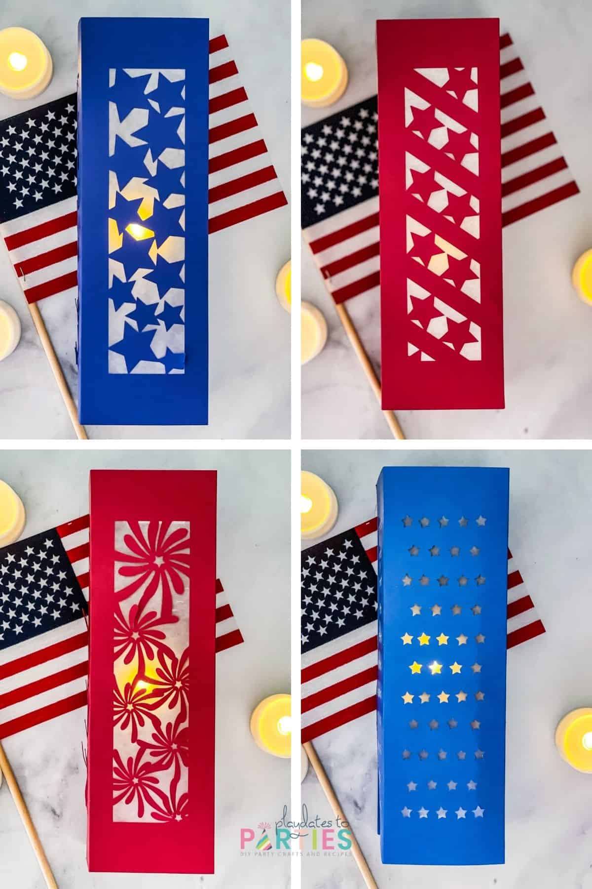 collage of four photos - each showing a different patriotic paper lantern design