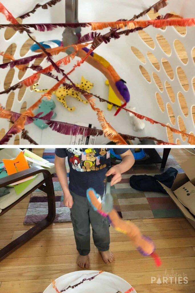 collage of a child playing zoo rescue: the top image shows tongs picking up a toy snake, the bottom image shows a young boy holding the toy snake above the laundry basket