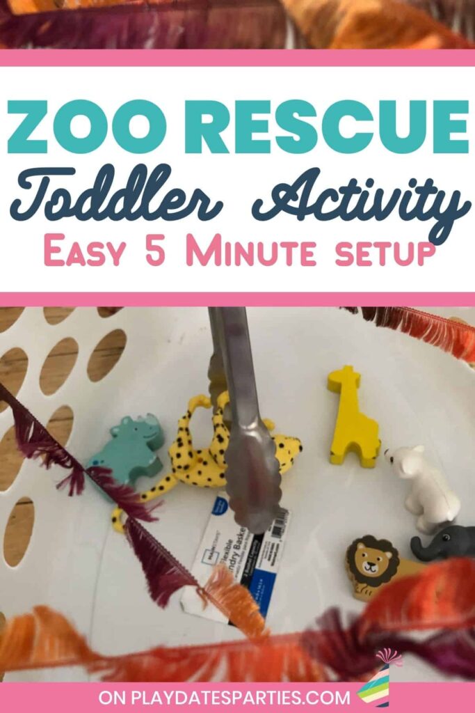 kitchen tongs reaching to grab a toy leopard with text overlay: zoo rescue toddler activity- easy 5 minute setup