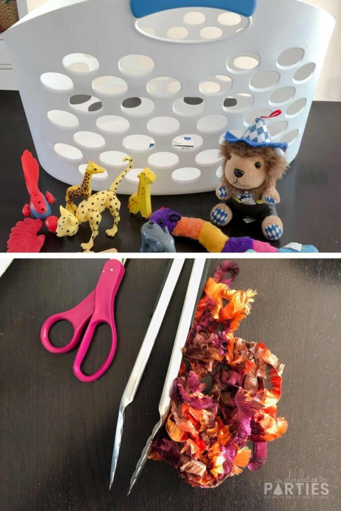 collage of zoo rescue supplies: laundry basket, small toy animals, scissors, yarn, and kitchen tongs