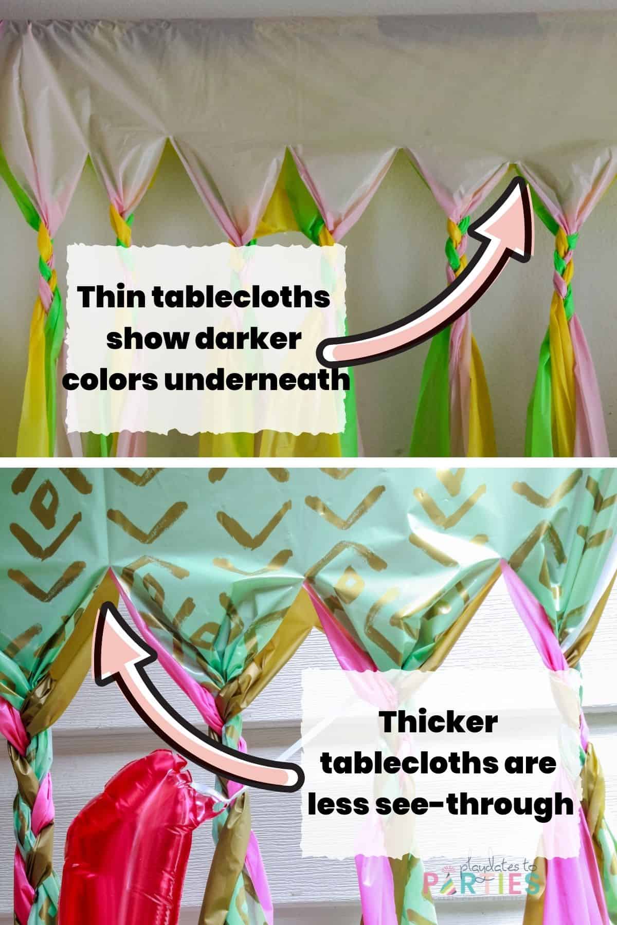 collage showing how cheaper plastic tablecloths in light colors are thinner and more see-through than thicker plastic tablecloths in saturated colors