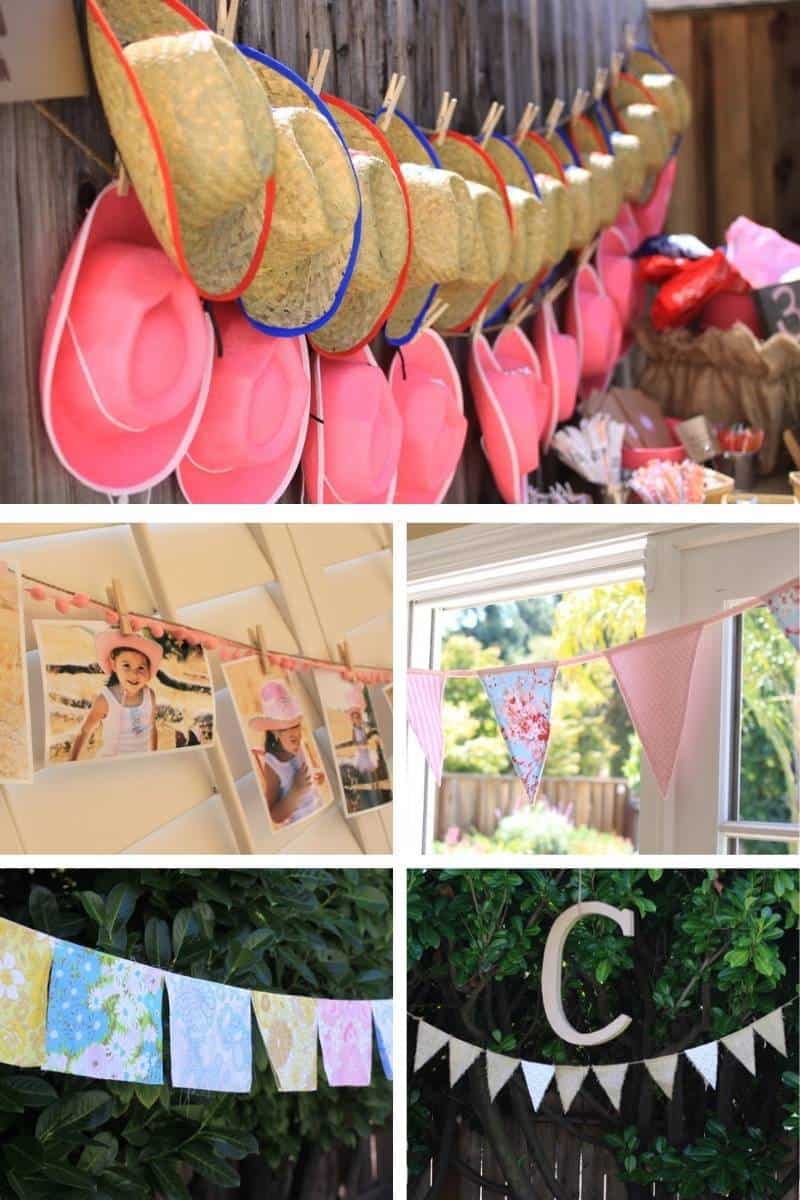 Vintage inspired party banners - cowboy and cowgirl hats arranged as a banner, a photo banner of the birthday girl, fabric scraps sewn together as party banners, and a burlap bunting