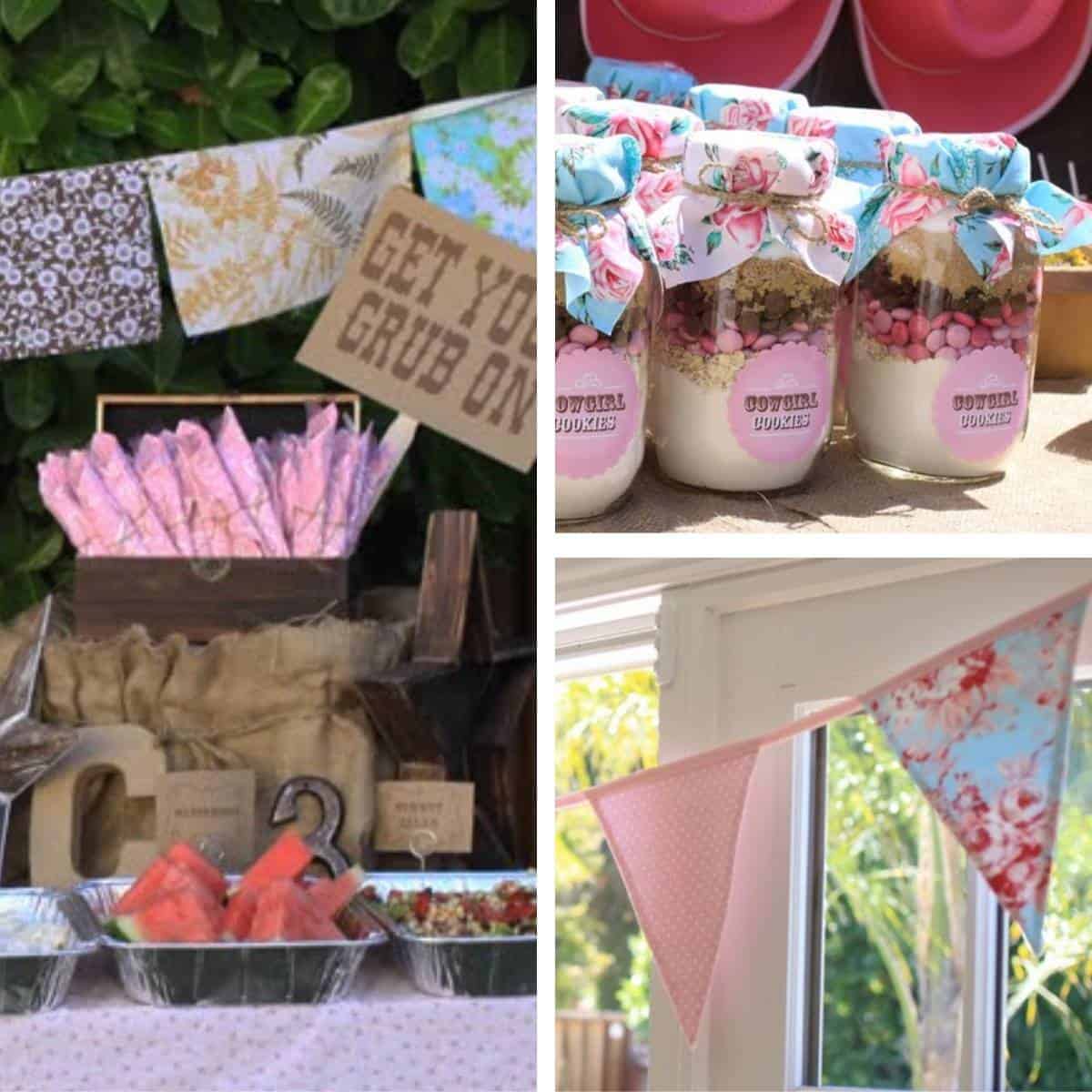 Collage of party decorations made with vintage fabrics, including buntings, tablecloths, and mason jar toppers