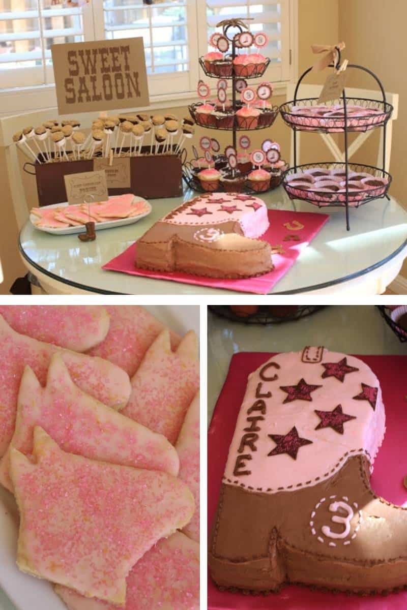 Cowgirl themed dessert table foods, with a sign that says "Sweet Saloon"