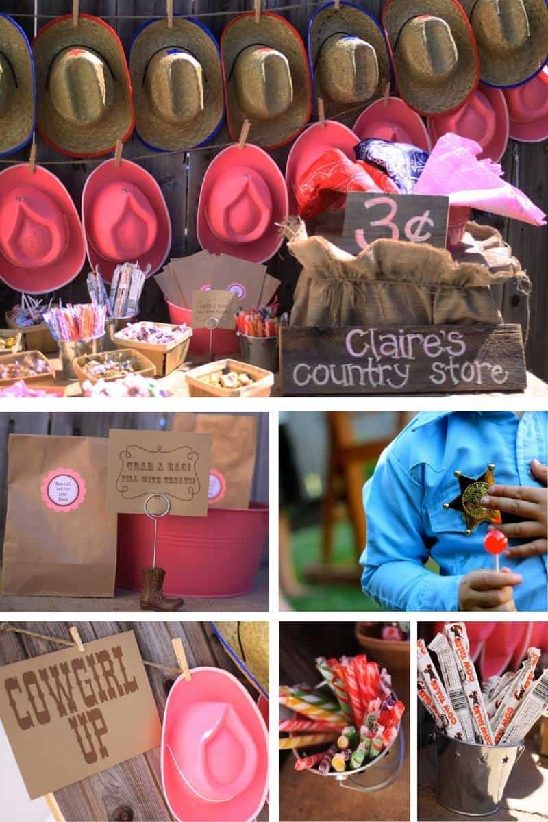 Party favors - sweets buffet, brown paper to-go sacks, cowgirl up sign, toy sheriff badges, and old fashioned candy