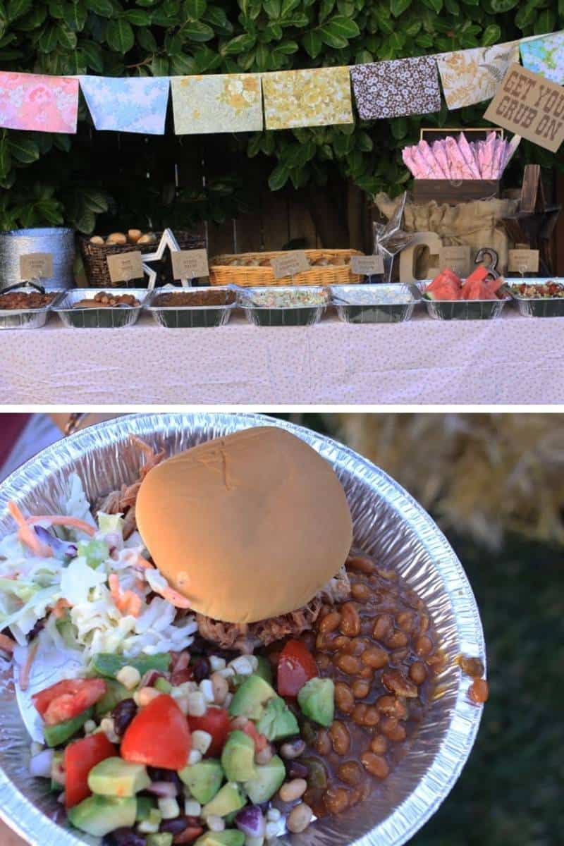 Collage of party food: dinner buffet in tin foil pans, and a pie tin used as a food plate