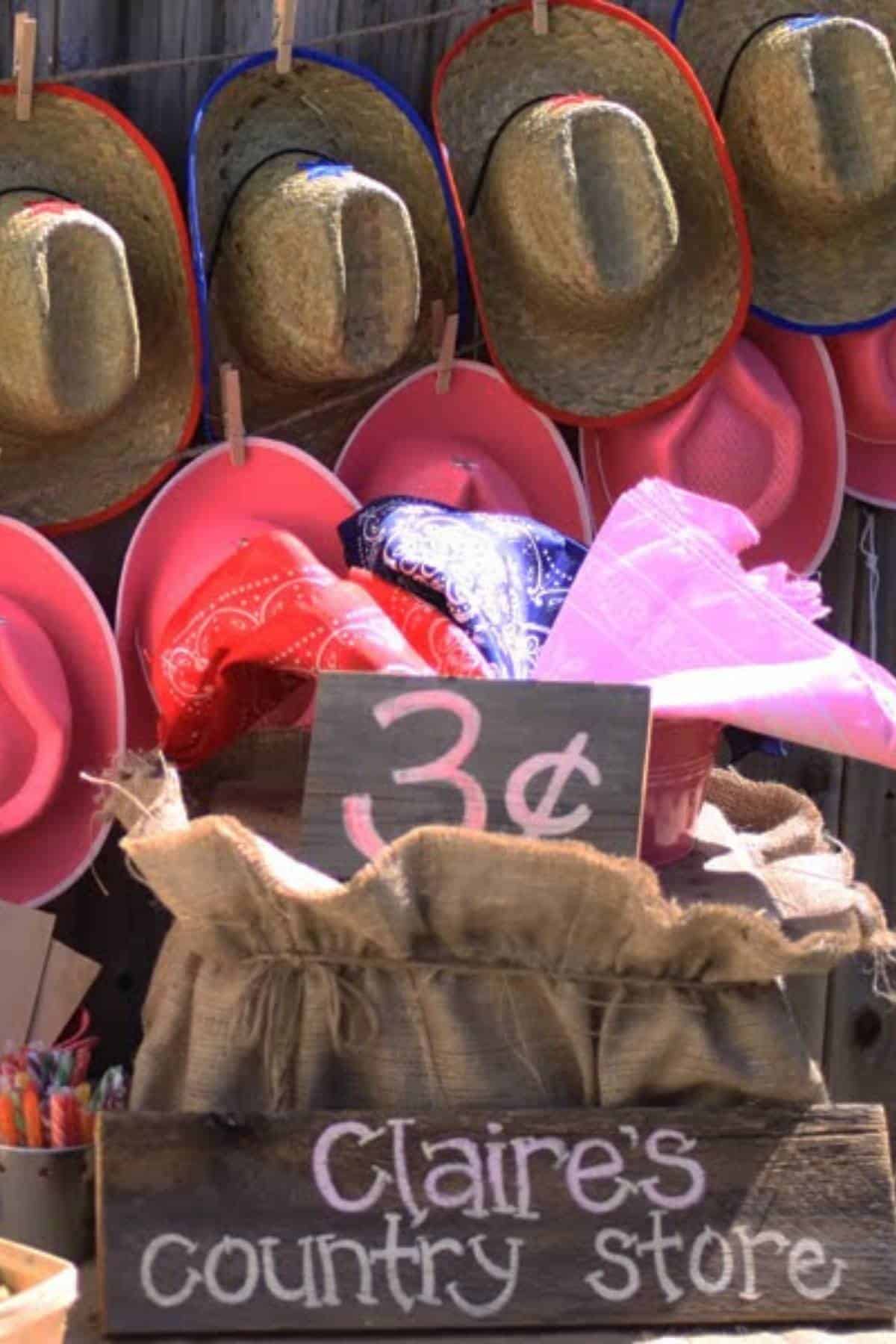 Close up of a cowgirl party buffet with a handmade sign that says Claire's Country Store