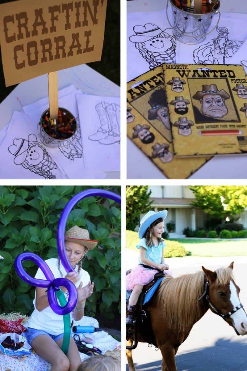 Western themed party games: craftin corral, coloring pages, pony rides, and balloon animals