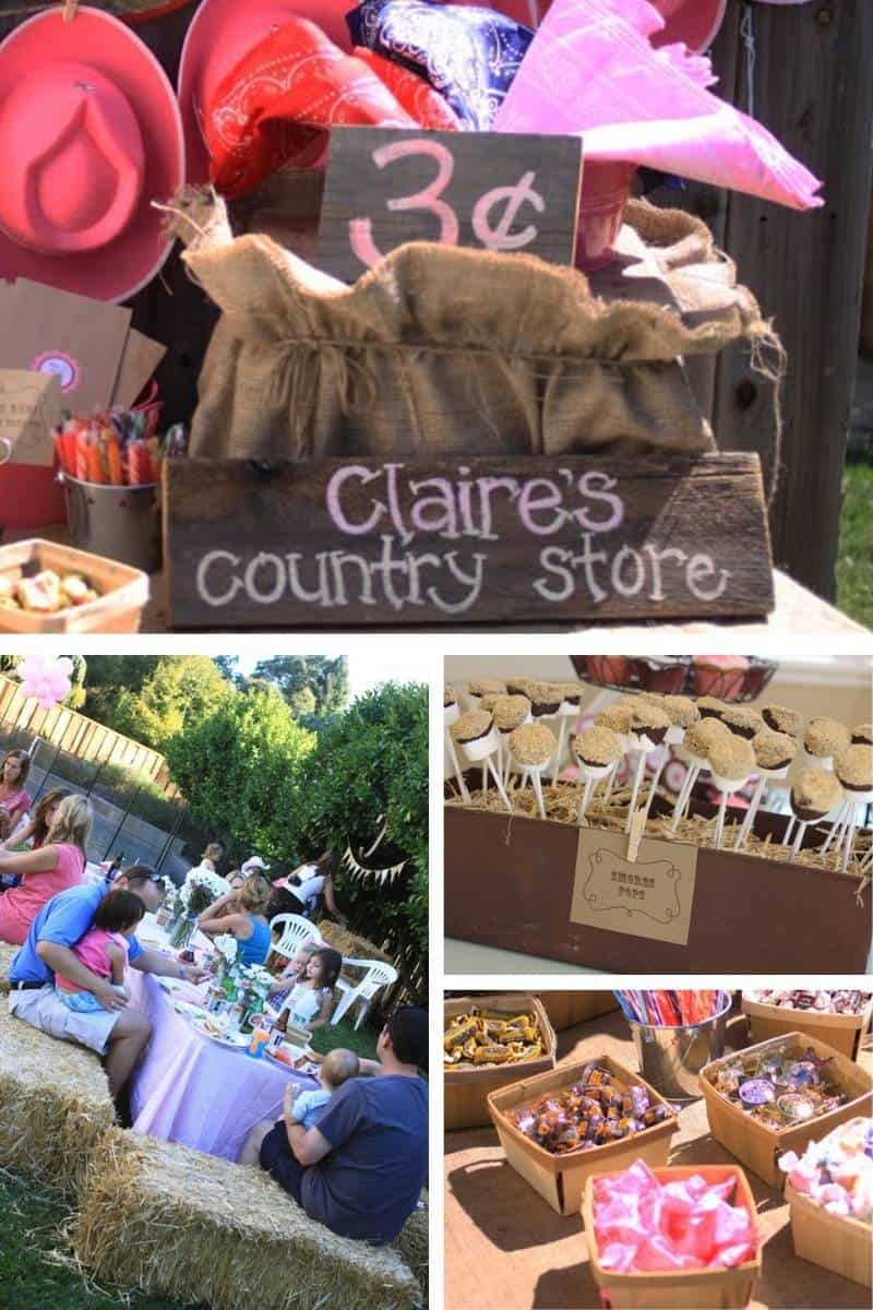 cowboy party ideas for a girl, including hay bale seating, a wood sign, and wood boxes to hold food