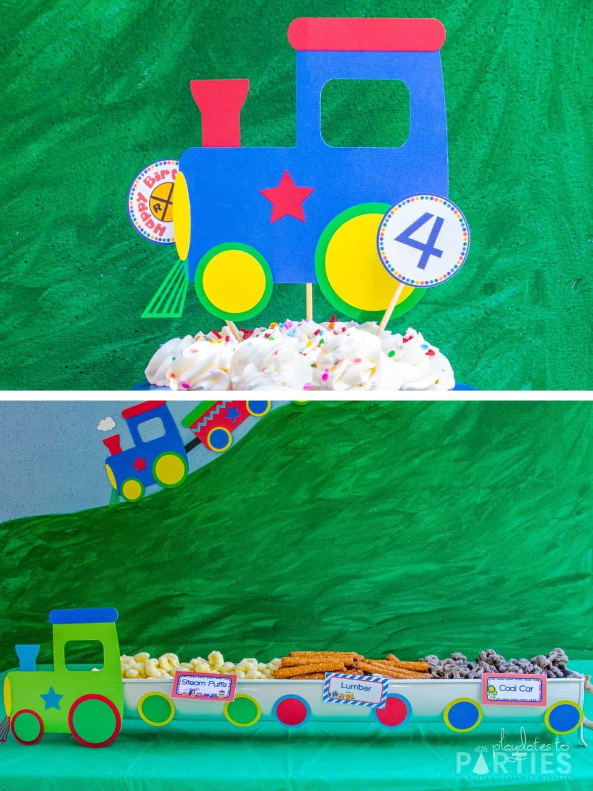 collage showing train pattern used as a cake topper and to make a party tray look like a train