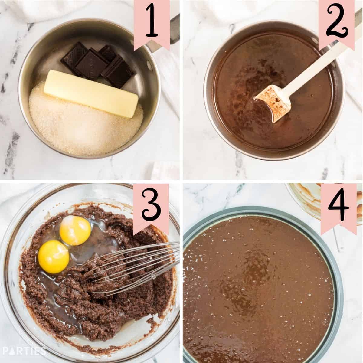 Collage of steps 1 through 4: Making brownie batter from scratch and pouring into the pizza pan