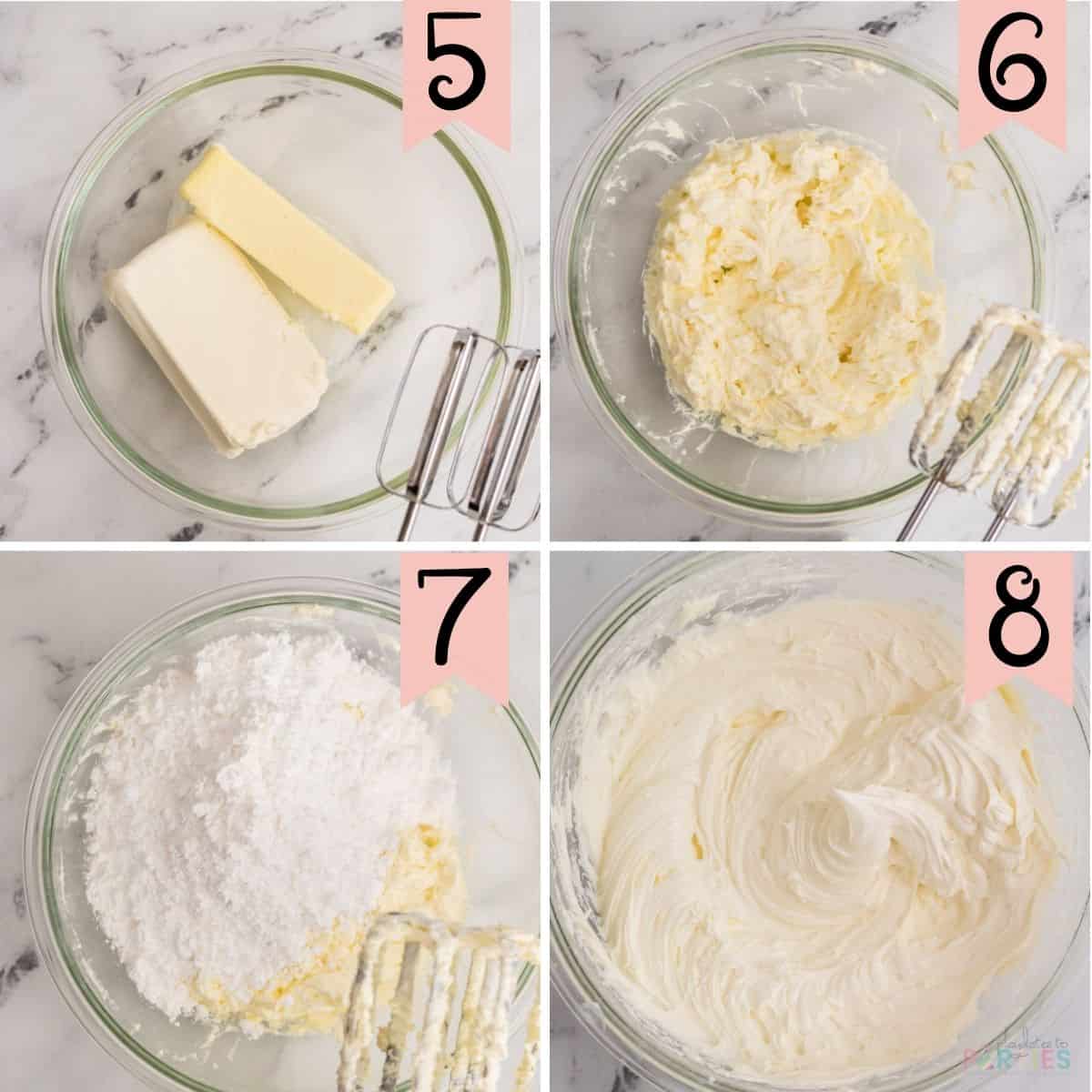 Collage of steps 5 through 8: showing how to make cream cheese frosting from scratch