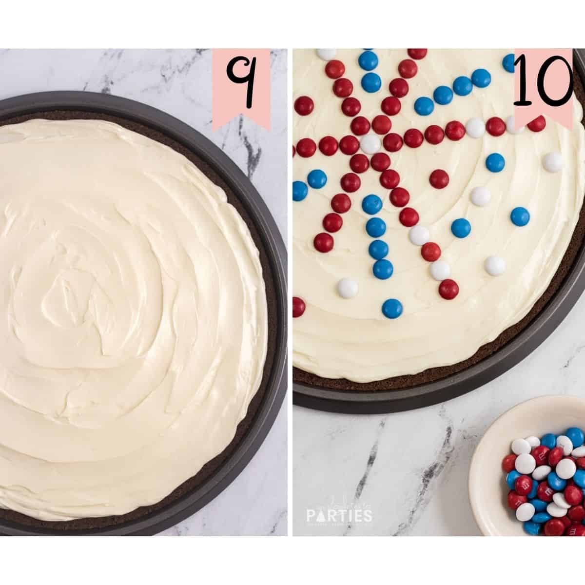 Collage of steps 9 and 10: frosting on the brownie pizza, and candies being arranged on top