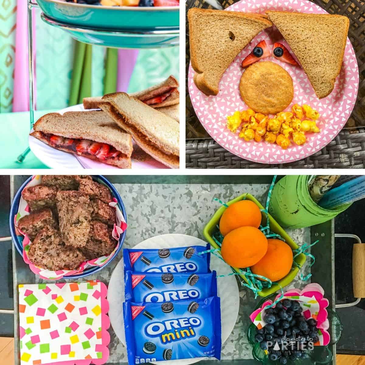 Simple picnic food including banana bread, clementines, sandwiches, popcorn, and cookies